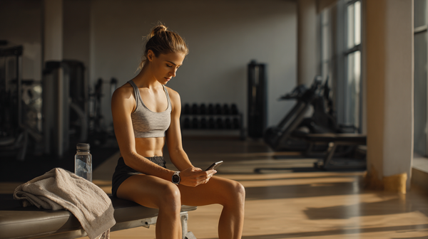 Sporter bekijkt trainingsresultaten op een smartphone na een workout in de sportschool