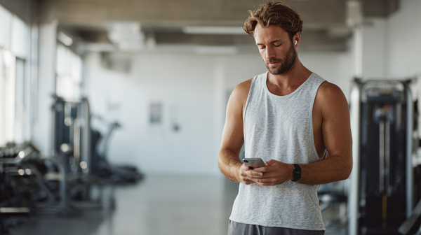 Sporter gebruikt een fitness app op een smartphone tijdens een krachttraining in een moderne sportschool