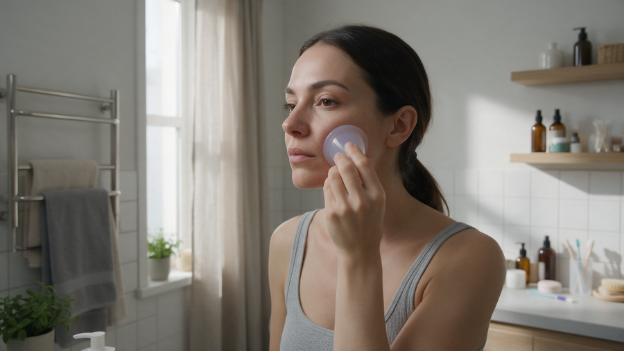 Een vrouw die facial cupping doet met een siliconen cup