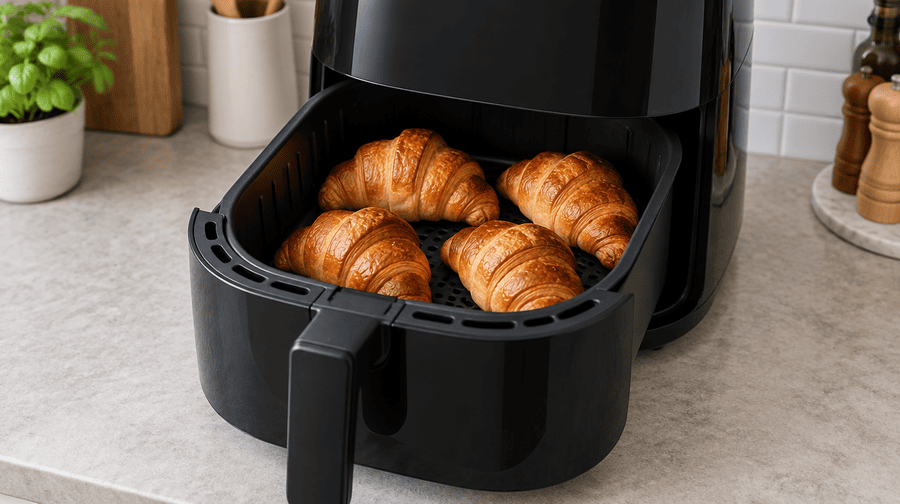 Een airfryer met open laatje. Er zitten vier croissants in.