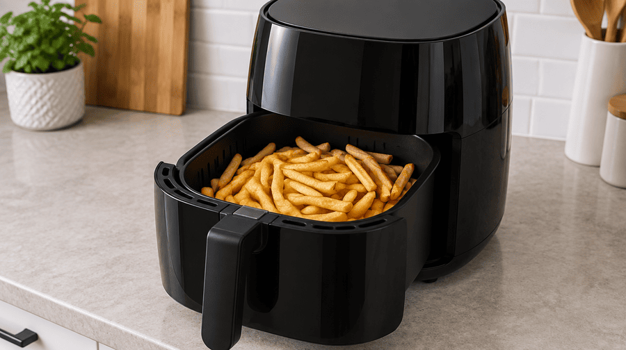 Een airfryer met open laatje. Er zitten frietjes in.