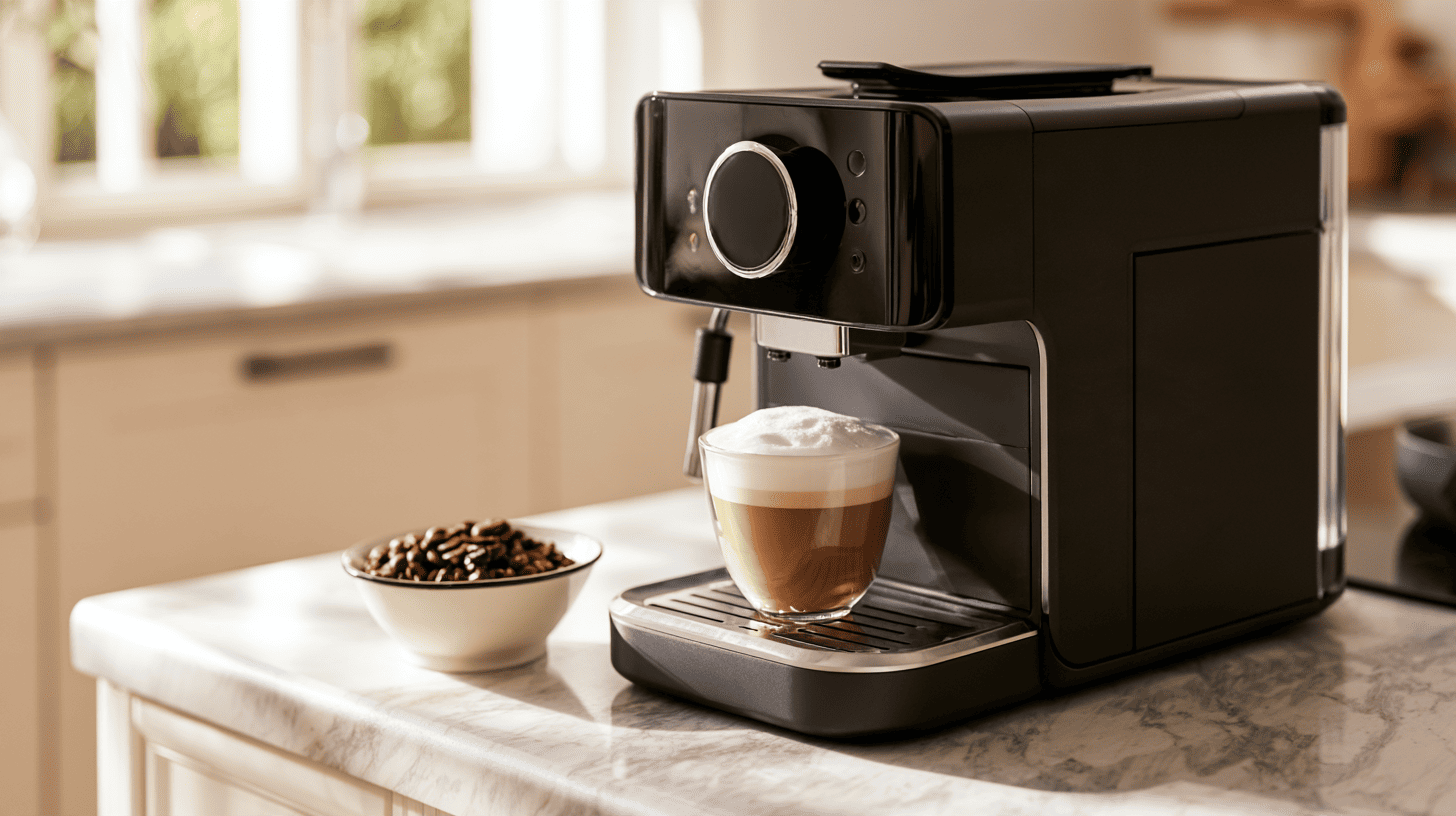 koffiemachine met een cappuccino en koffiebonen ernaast